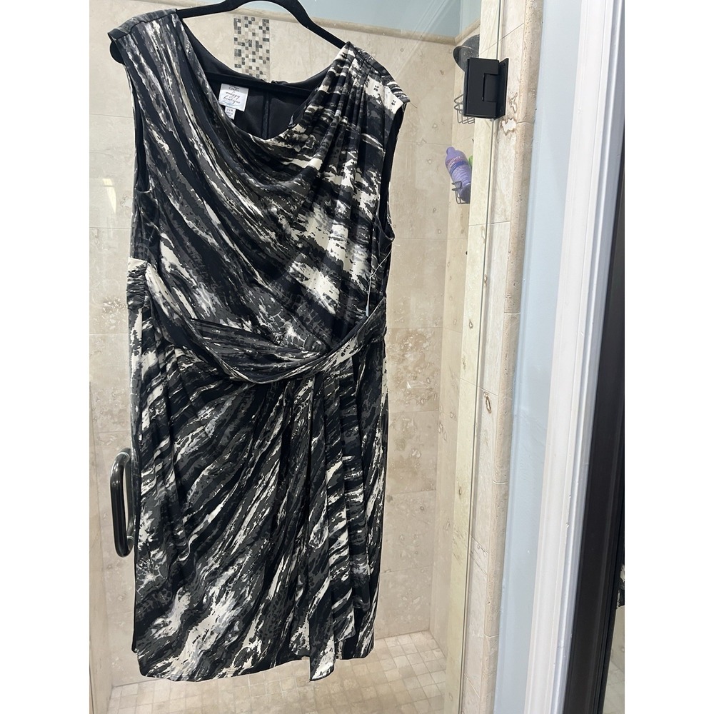 Suzi Chin Maggy Boutique Black Grey Abstract Cowl Neck Midi Dress 14W NEW